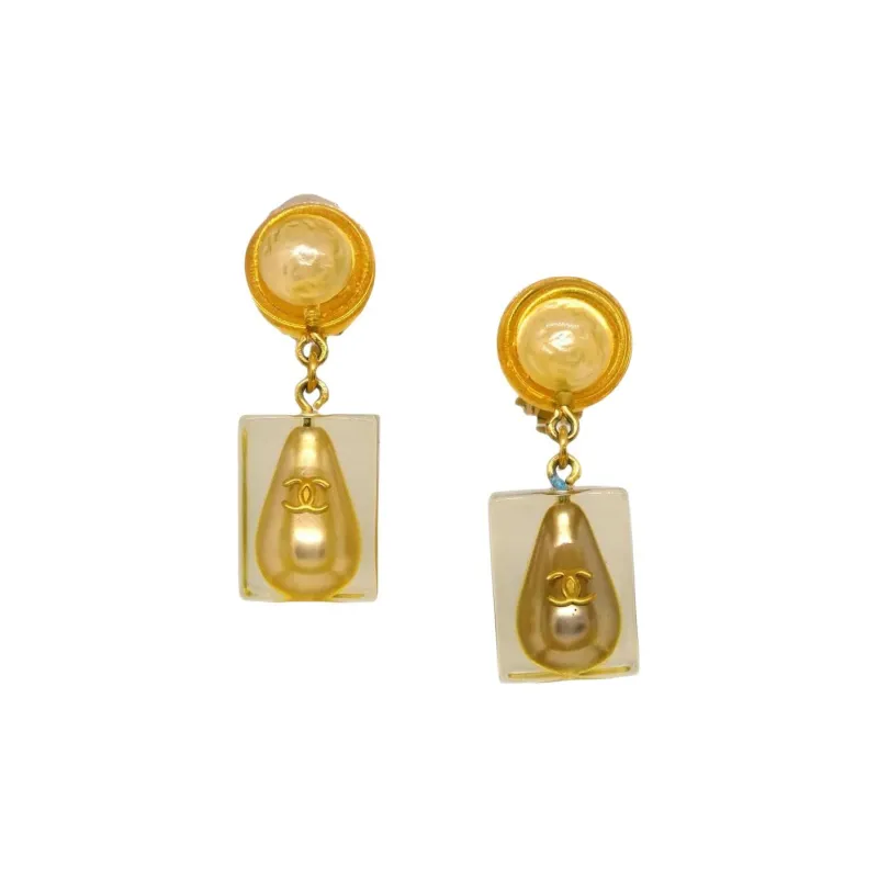 CHANEL 1997 Drop Faux pearl Cube Clip on Earrings-0