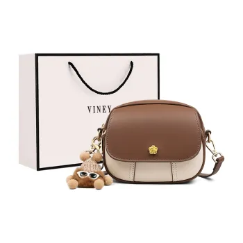 VINEY Cow Leather Shoulder Bag, Crossbody Bag Regular Women's White & Coffee