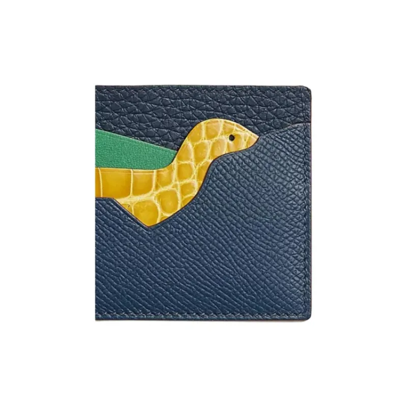 HERMES Crocodile Leather With Calfskin Card Holder Unisex Blue & Yellow-1