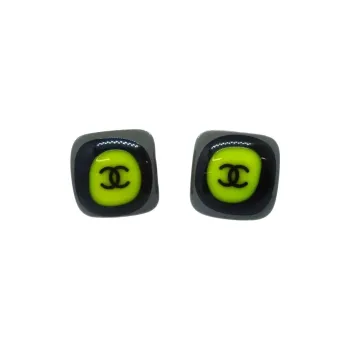 CHANEL Gold Plated Acrylic Stud Earrings Women's Green