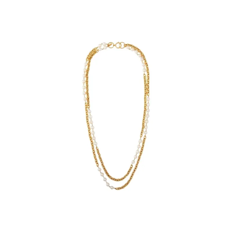 CHANEL 1985 Pearl embellished Double chain Necklace-0