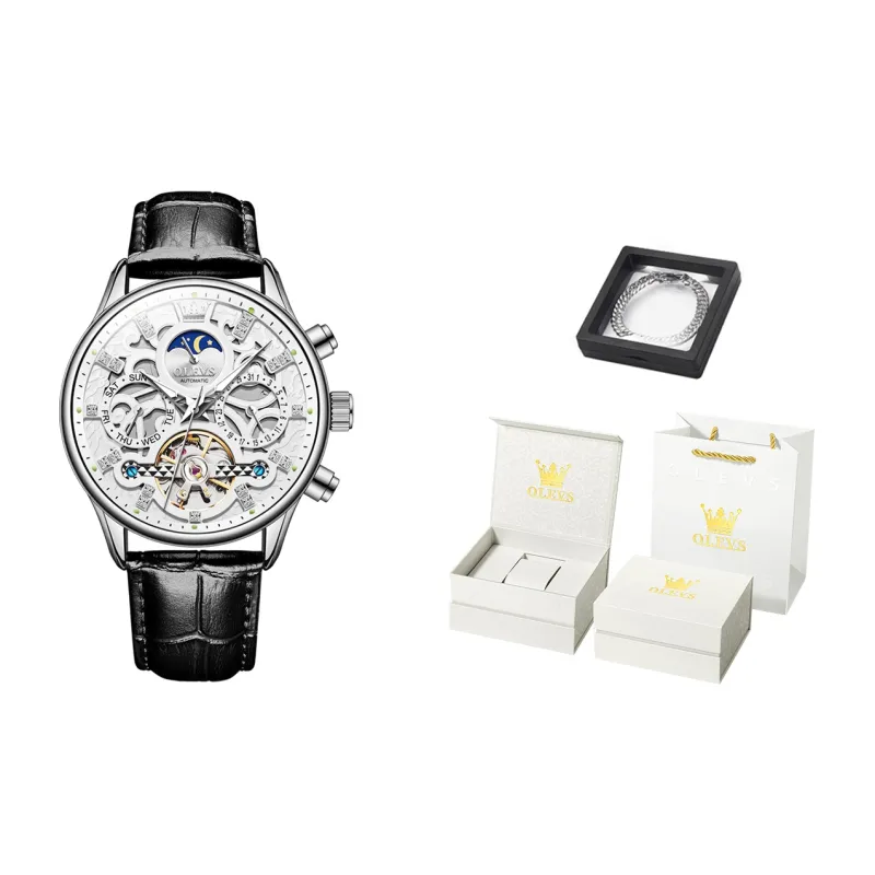 OLEVS Play The Cool Series Mechanical Movement Leather Strap Watch Men's Watches Black Dial-0