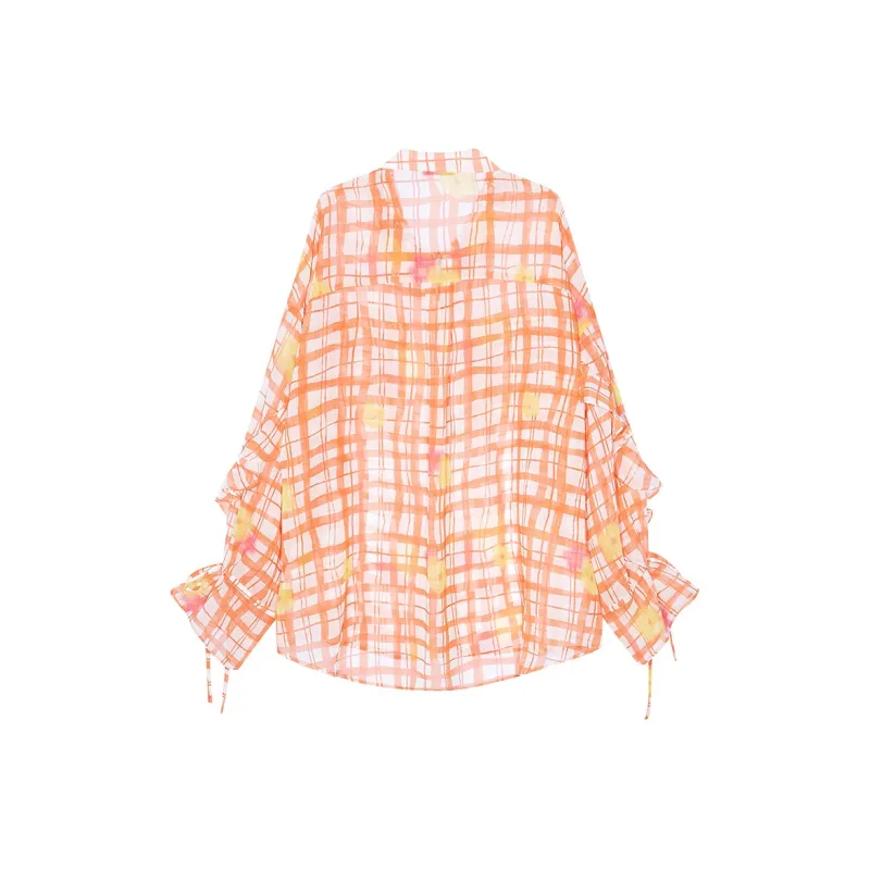 ELF SACK Chiffon Shirts Women's Floral Orange Plaid-1