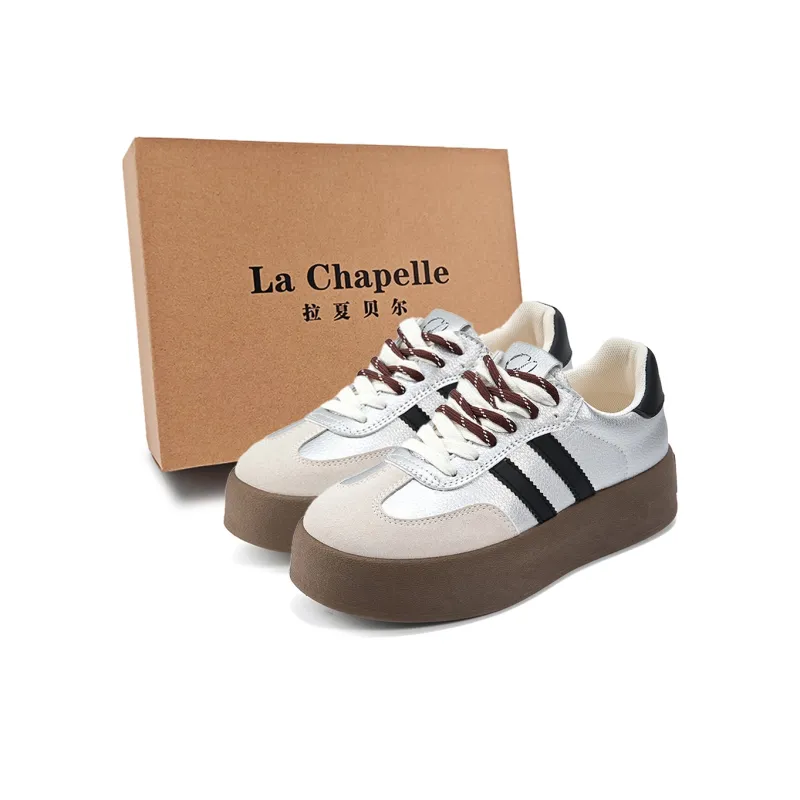 La Chapelle Anti Slip Wear Resistant Low Top Skateboard Shoes Women's Beige Gray Silver-1