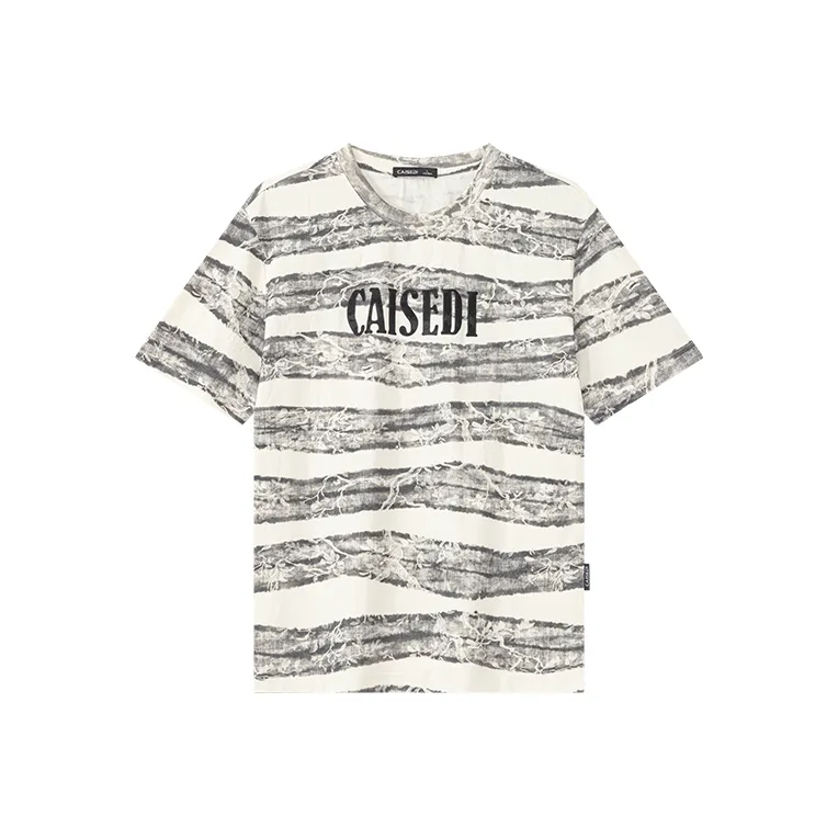 CAISEDI T Shirts Men Gray White Stripes-0