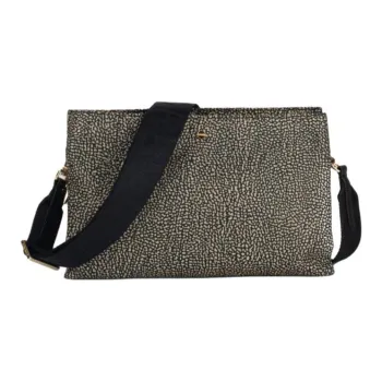 BORBONESE Polyester Shoulder Bag Medium Size Men's Black & Beige