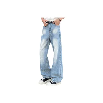 YICHEN Jeans Unisex Ice Blue Bamboo Pattern[A Shaped Micro Flare]