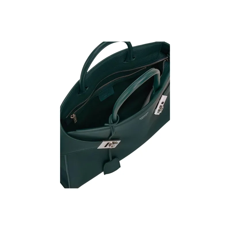FERRAGAMO Hug Hammered Texture Calfskin Briefcase, One Shoulder Handbag Men's Moss Green-5