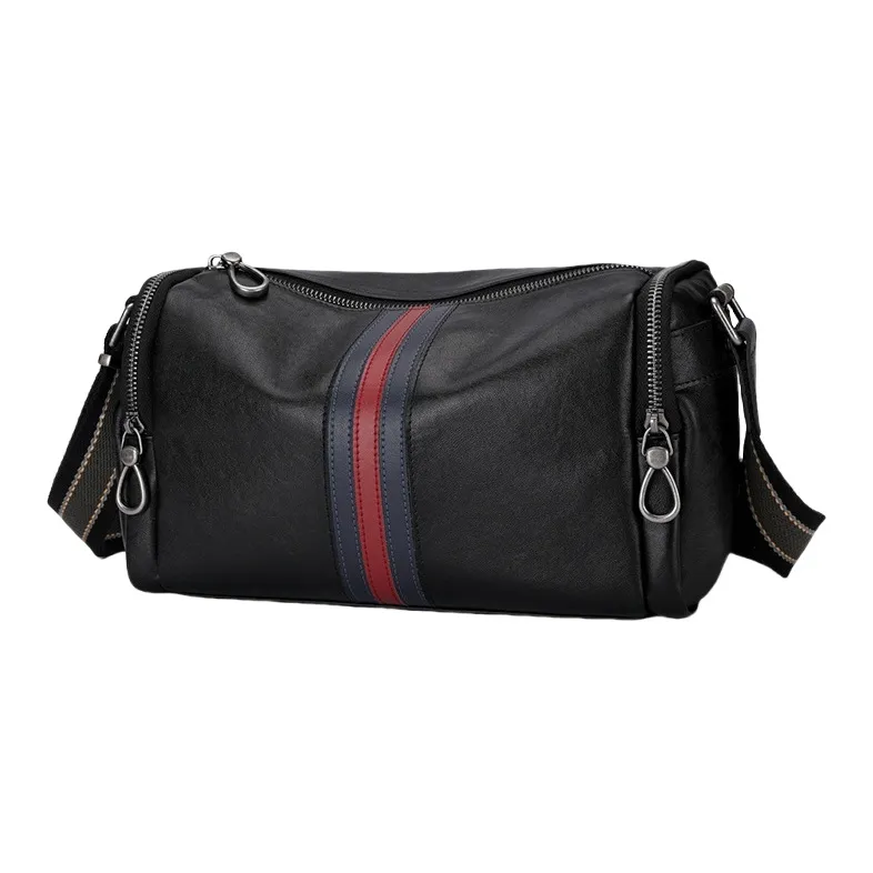 PESASRIE Top Grain Cow Leather Crossbody Bag, Shoulder Bag Men's Black-1