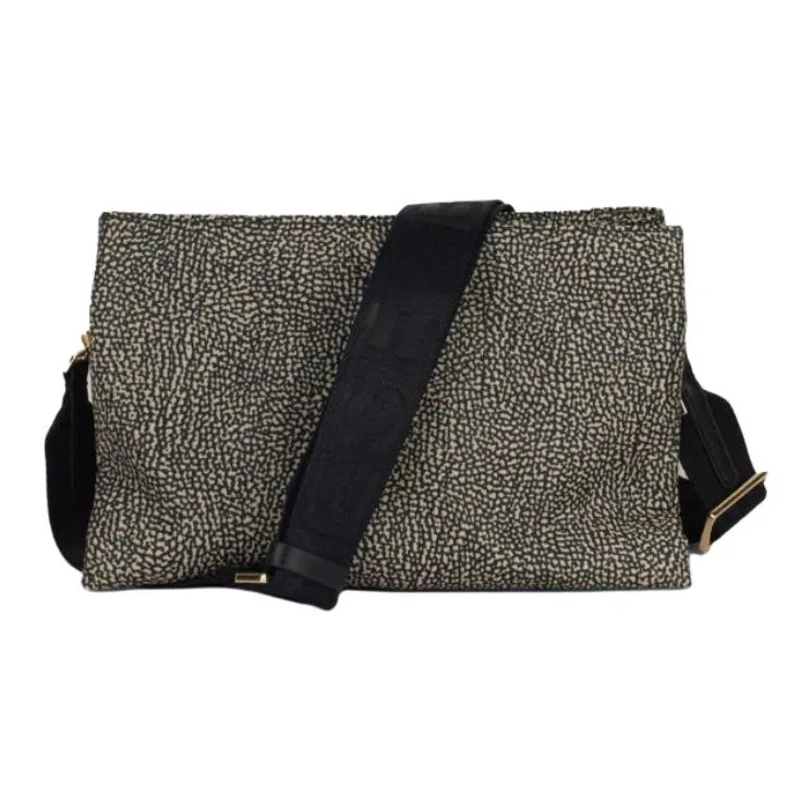 BORBONESE Polyester Shoulder Bag Medium Size Men's Black & Beige-2
