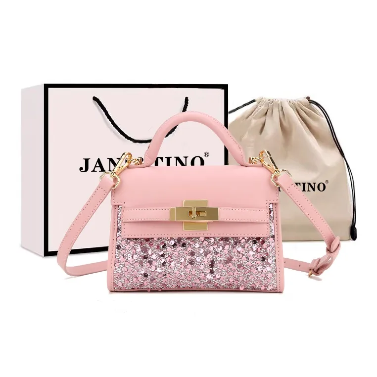 JANITINO PU One Shoulder Handbag Women's Pearl Sequin Pink-0