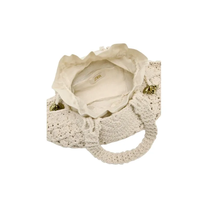 ZARA Cotton Handbag Women's Light Beige-3