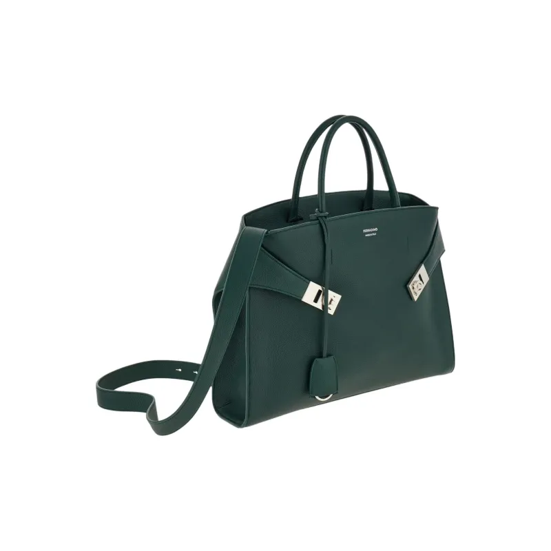 FERRAGAMO Hug Hammered Texture Calfskin Briefcase, One Shoulder Handbag Men's Moss Green-3