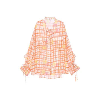 ELF SACK Chiffon Shirts Women's Floral Orange Plaid