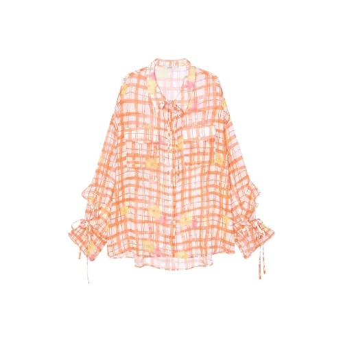 ELF SACK Chiffon Shirts Women's Floral Orange Plaid
