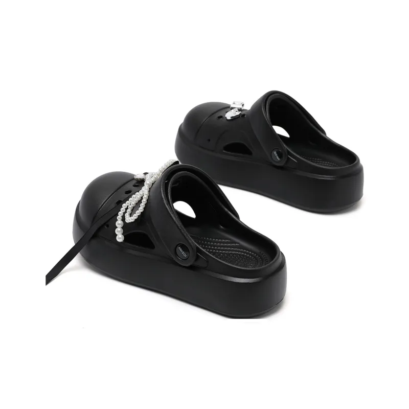 JOSINY Summer Trendy Fashion Slip on Outdoor Beach Shoes Pearl Bowknot Closed Toe Mules, Clogs Women's Black-1