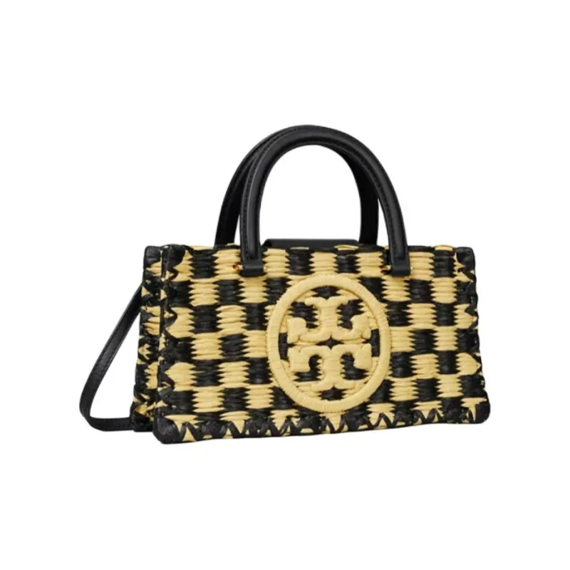 TORY BURCH Ella Raffia Tote Bag, Shopping Bag, Shoulder Bag, Handbag Women's Black & Beige-1