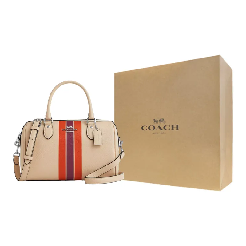 COACH Rowan Leather One Shoulder Handbag Medium Size Women's Silver With Ivory Multicolor-7
