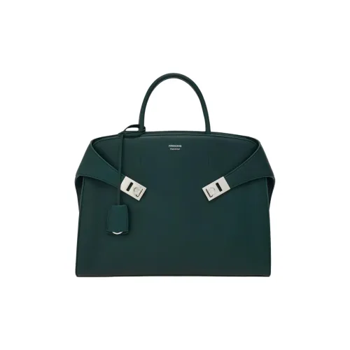 FERRAGAMO Hug Hammered Texture Calfskin Briefcase, One Shoulder Handbag Men's Moss Green
