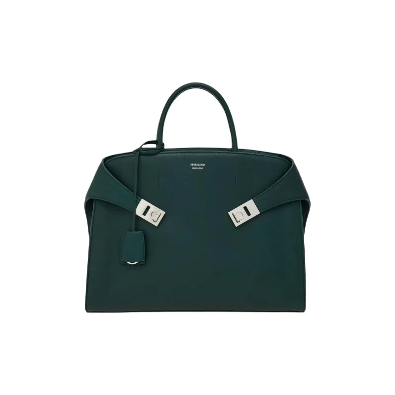 FERRAGAMO Hug Hammered Texture Calfskin Briefcase, One Shoulder Handbag Men's Moss Green-0