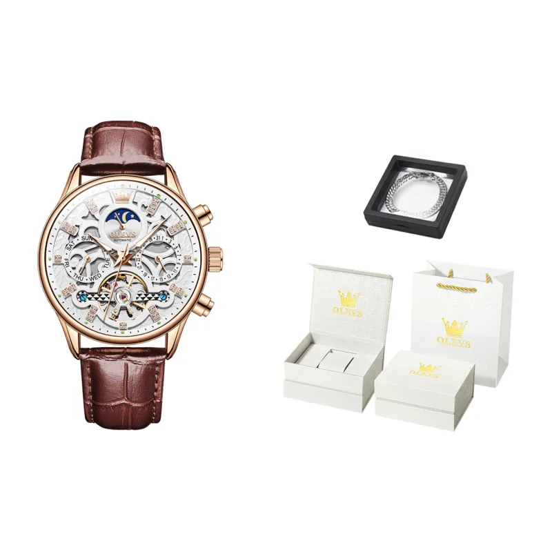 OLEVS Play The Cool Series Mechanical Movement Leather Strap Watch Men's Watches Black Dial-3