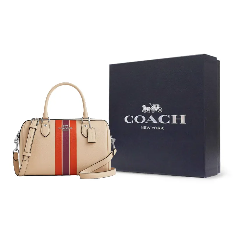 COACH Rowan Leather One Shoulder Handbag Medium Size Women's Silver With Ivory Multicolor-12