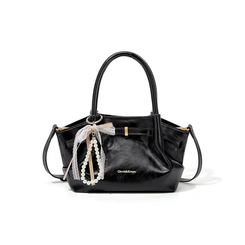 CinvaiKrose Synthetic Leather Basket Bag, Shoulder Bag, Crossbody Bag, Handbag Trumpets Women's Ecru/Black-7