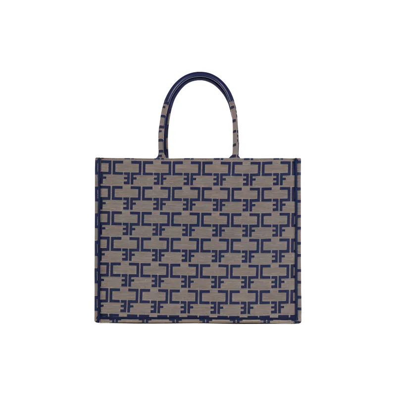Elisabetta Franchi Cotton With Polyamide Tote Bag Shopping Bag Handbag Large Size Women's Camel & Blue-0