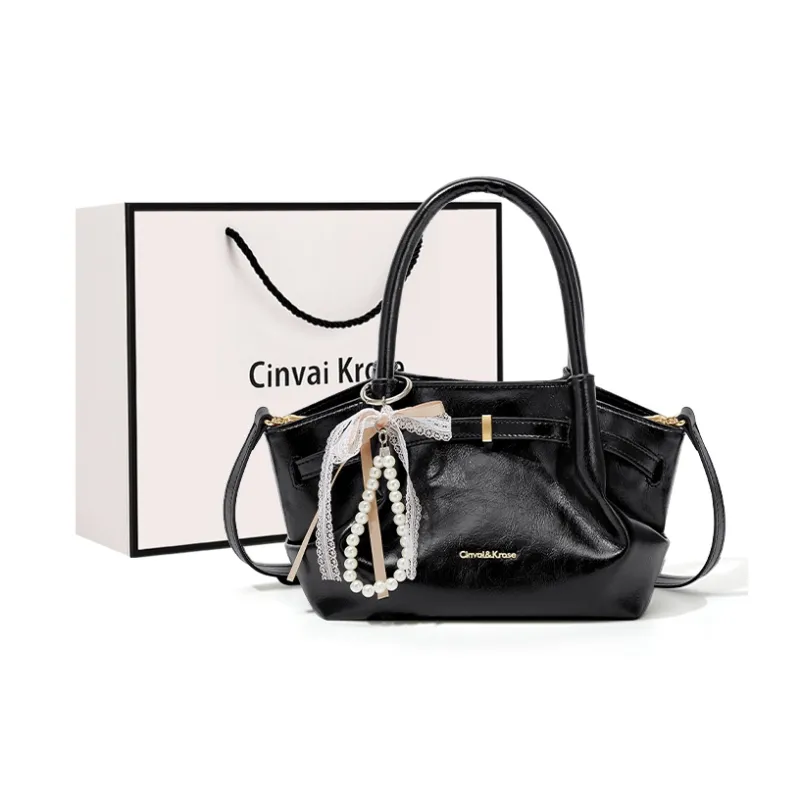 CinvaiKrose Synthetic Leather Basket Bag, Shoulder Bag, Crossbody Bag, Handbag Trumpets Women's Ecru/Black-6