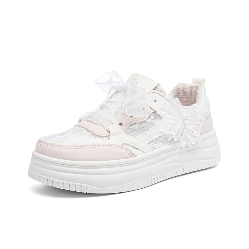 RENBEN Slip Resistant Shock Absorbers Low Top Skateboard Shoes Women's White Pink-1