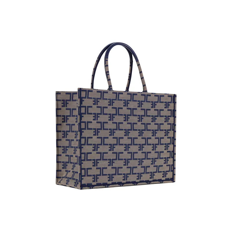 Elisabetta Franchi Cotton With Polyamide Tote Bag Shopping Bag Handbag Large Size Women's Camel & Blue-1