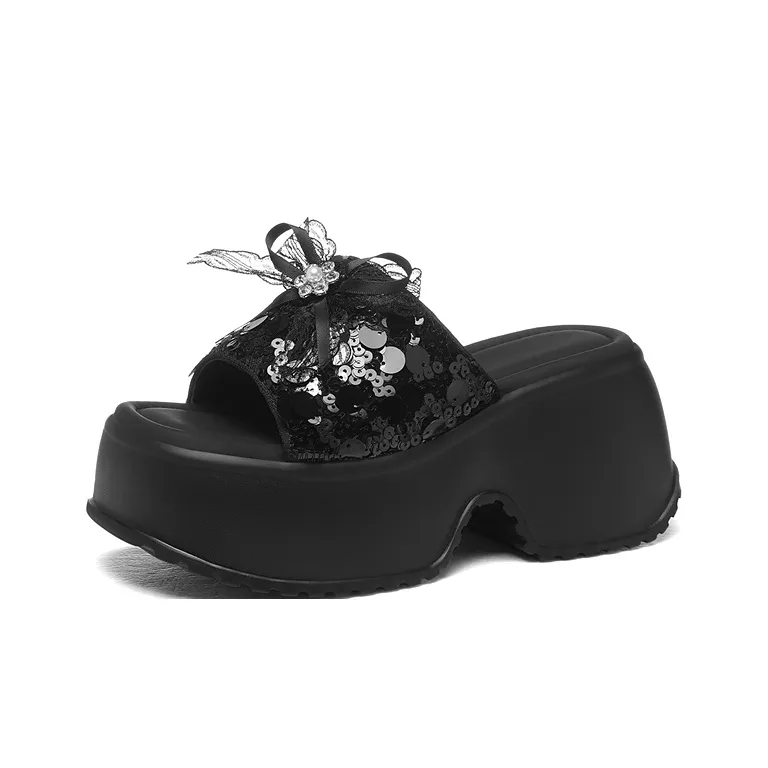 Golden Silk Rabbit Sequins Slip Resistant Abrasion Resistant Quick Dry Slide Slippers Women's-0