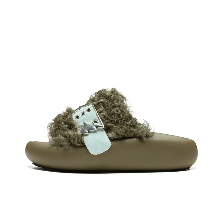 XMZY Initial Round Collection Leather Patchwork Abrasion Resistant Slide Slippers Women's-12