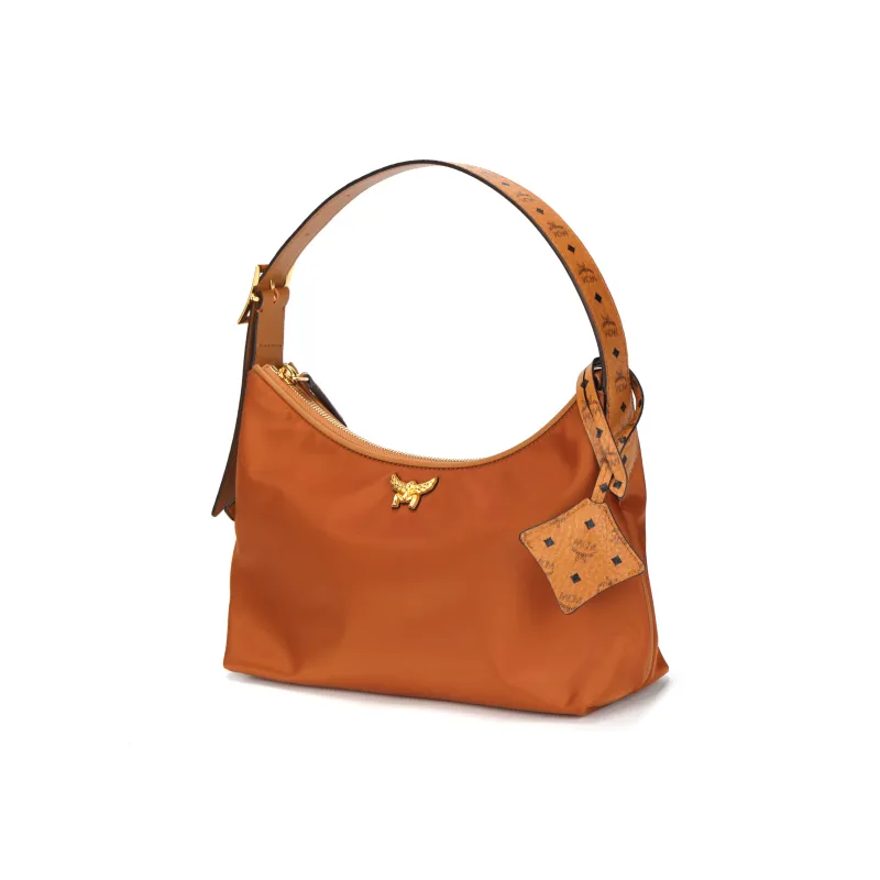 MCM Aren Recycled Nylon Hobo Bag, One Shoulder Handbag Trumpets Women's Cognac Brandy-1