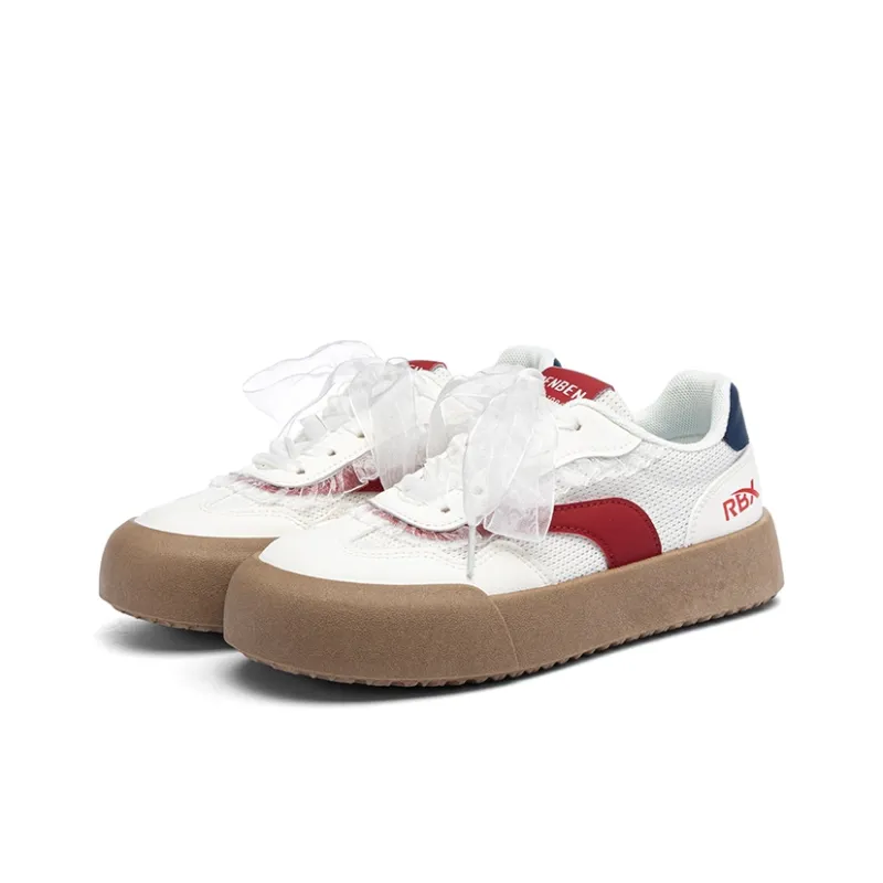 RENBEN Anti Slip Wear Resistant Low Top Skateboard Shoes Women's Beige Red Blue-2