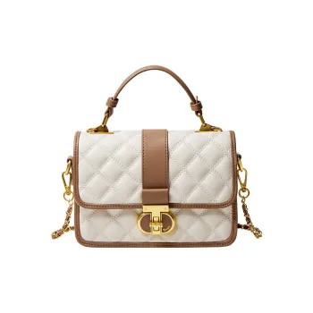 15 MINS Cow Leather Chain Bag Handbag Small Square Bag Shoulder Bag Crossbody Bag Medium Size Women's Ecru & Brown