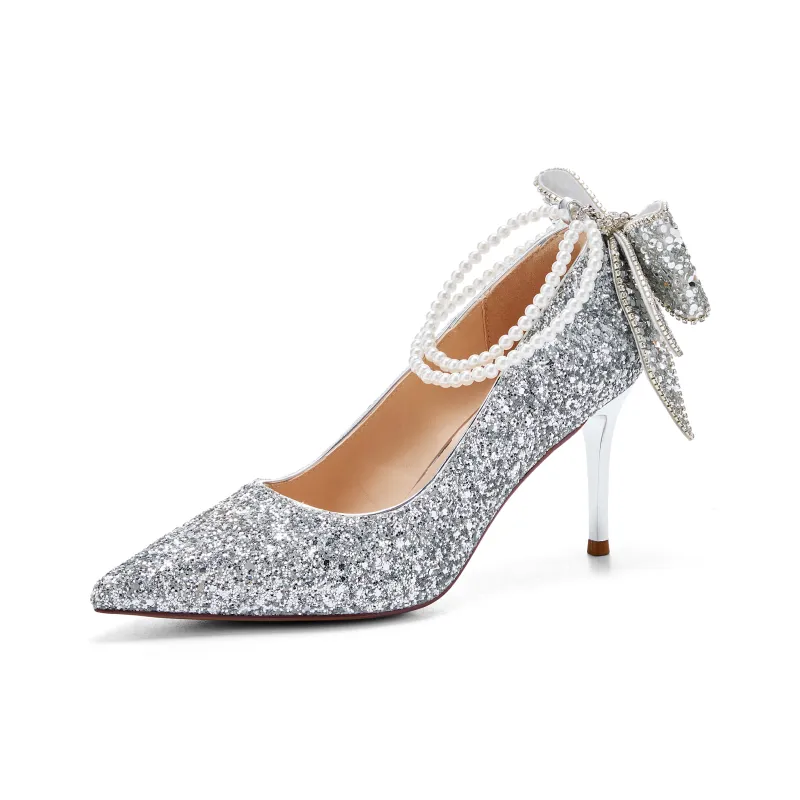 Hotwind Slim Heel High Heels 8cm Women's Silver-1