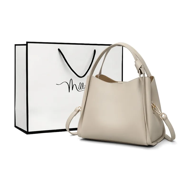 MILLIE'S Cow Leather Shoulder Bag, Crossbody Bag, Handbag Regular Women's Light Apricot/Gray White-7