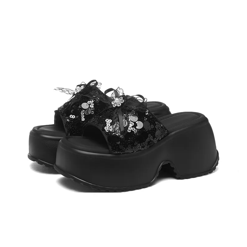 Golden Silk Rabbit Sequins Slip Resistant Abrasion Resistant Quick Dry Slide Slippers Women's-1