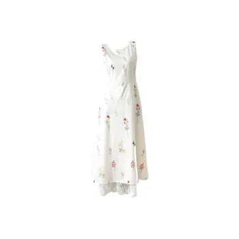 PZGE Sleeveless Dresses Women's Ecru Floral Long Skirt