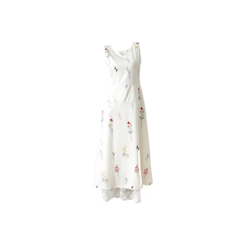 PZGE Sleeveless Dresses Women's Ecru Floral Long Skirt-0