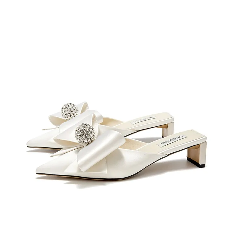 SHOESZOOO Rubber Sole Rhinestone Abrasion Resistant Slip Resistant Closed Toe Slippers Women's Moon White-1