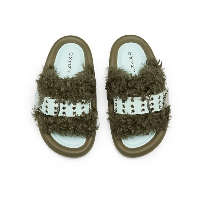 XMZY Initial Round Collection Leather Patchwork Abrasion Resistant Slide Slippers Women's-14
