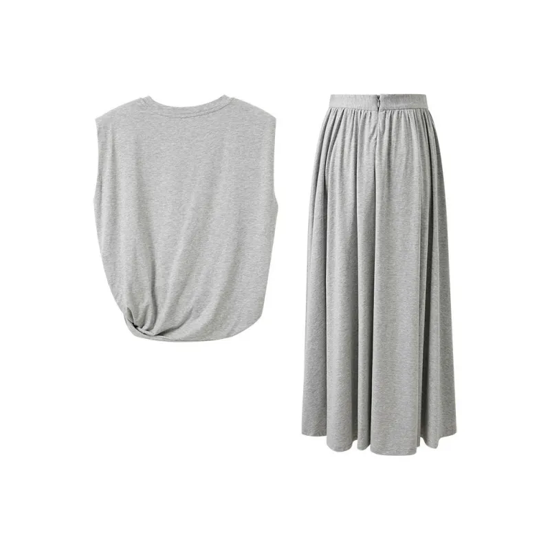 3COLOUR Two Piece Skirt Sets Women's Clothing Set Stone Gray Top+Skirt-1