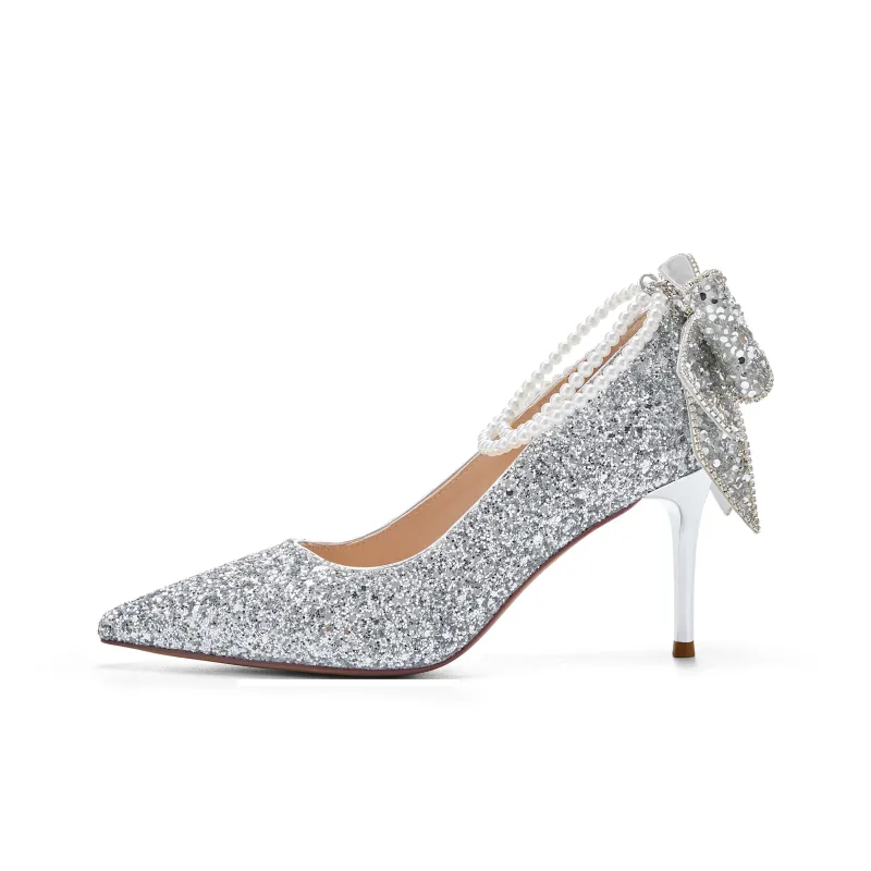 Hotwind Slim Heel High Heels 8cm Women's Silver-0