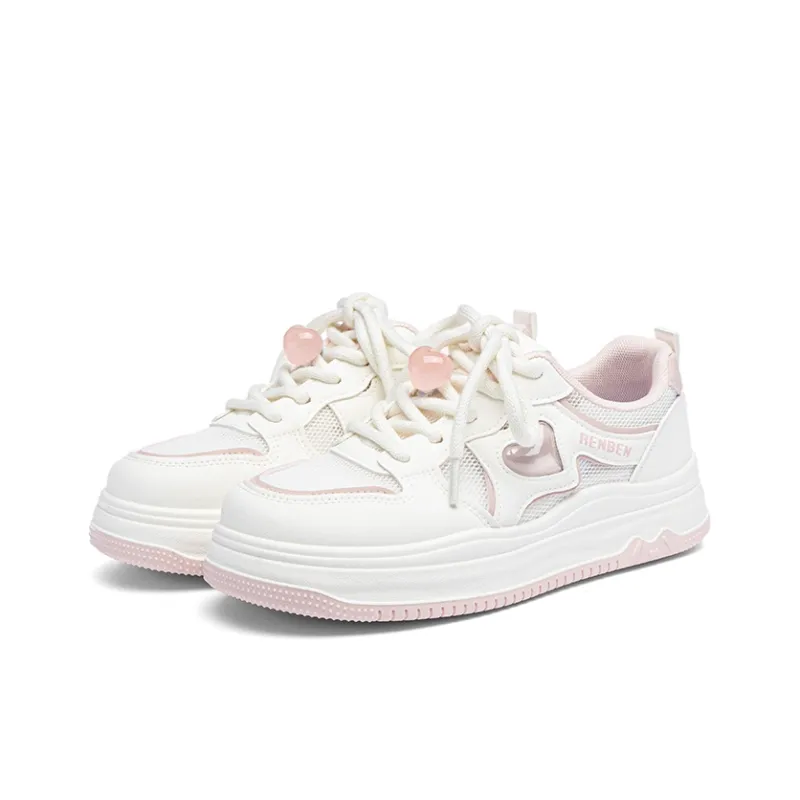 RENBEN Anti Slip Wear Resistant Low Top Skateboard Shoes Women's Pink White-2