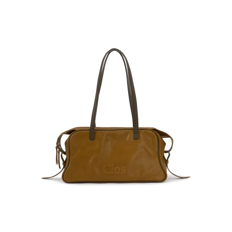 Clos Fog Wax Vegetable Tanned Top Grain Cow Leather Boston Bag, Shoulder Bag Medium Size Women's Apricot/Green-4