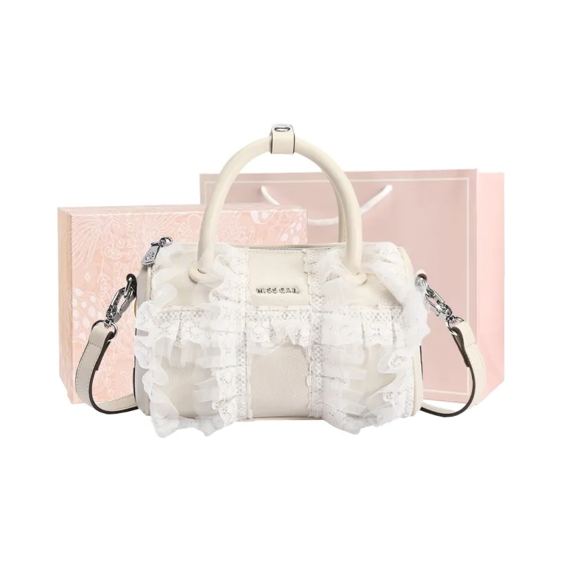 MISS GAIL Synthetic Leather Boston Bag, Shoulder Bag, Crossbody Bag, Handbag Women's Lace White-0