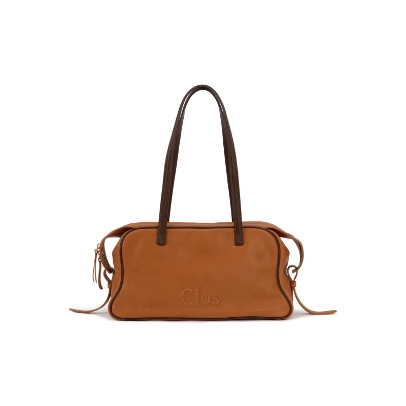 Clos Fog Wax Vegetable Tanned Top Grain Cow Leather Boston Bag, Shoulder Bag Medium Size Women's Apricot/Green-0