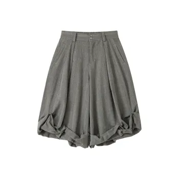 WULISHAONIAN Folded Silhouette Pleated Checkered A Line Cropped Pants Skirt Unisex
